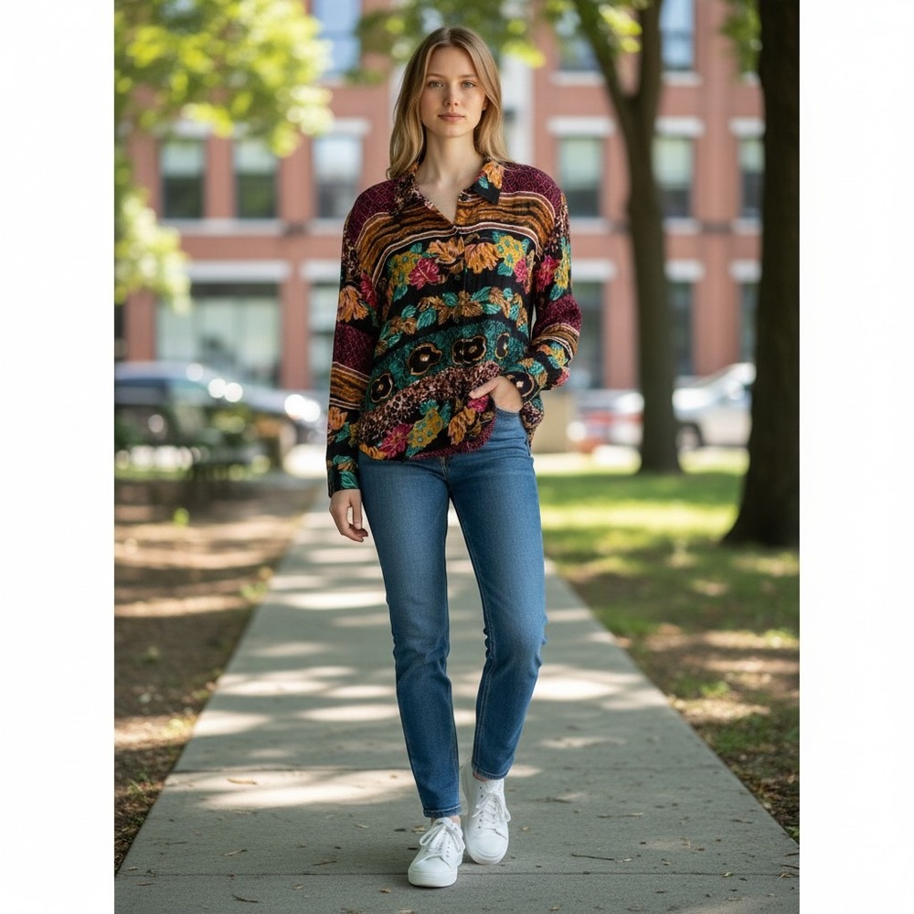 Vintage 90s OPTIONS Worthington Women's S Rayon Blouse Black Floral Bust 21